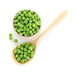 Photo of Fresh green peas in bowl and spoon isolated on white, top view