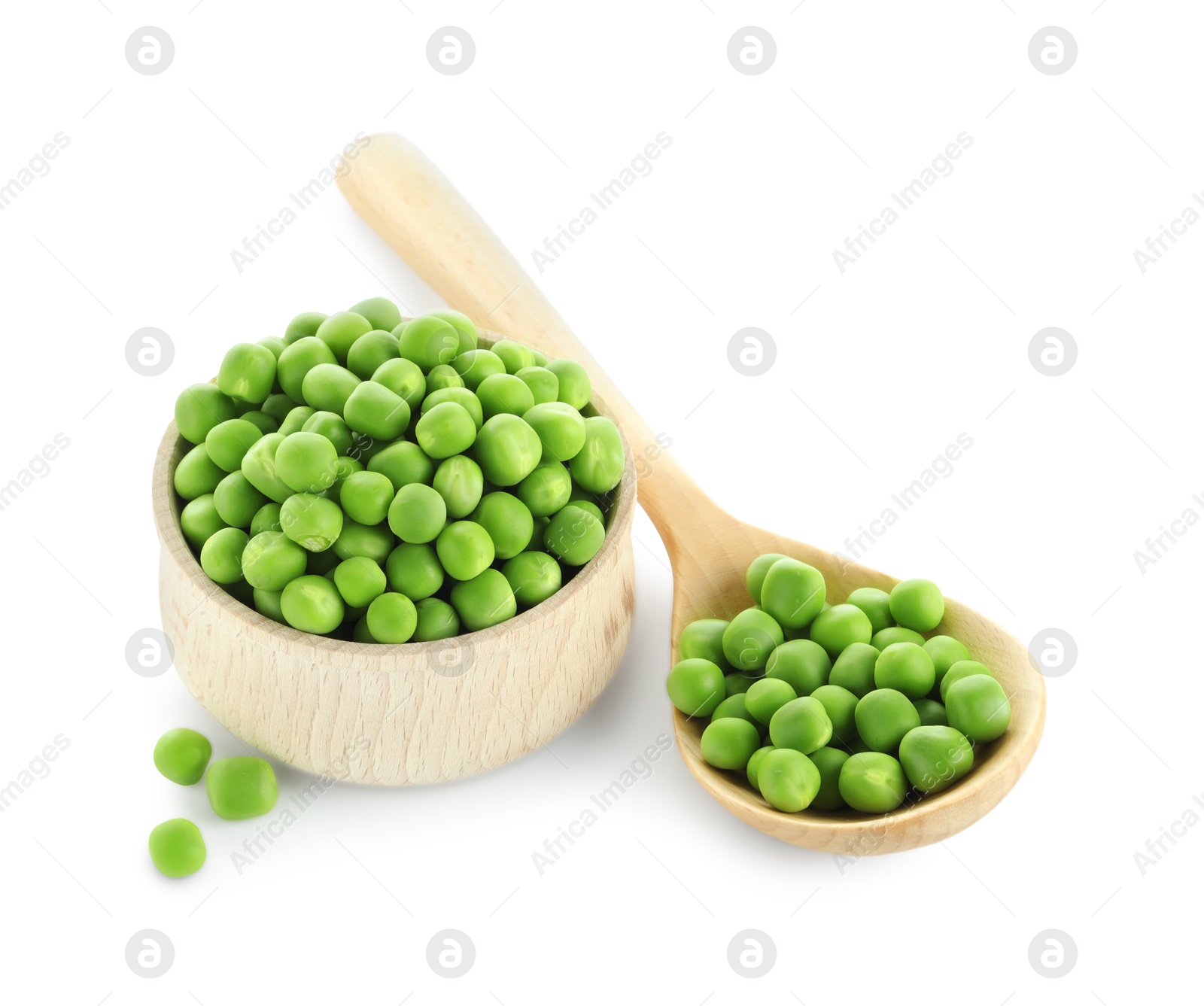 Photo of Fresh green peas in bowl and spoon isolated on white