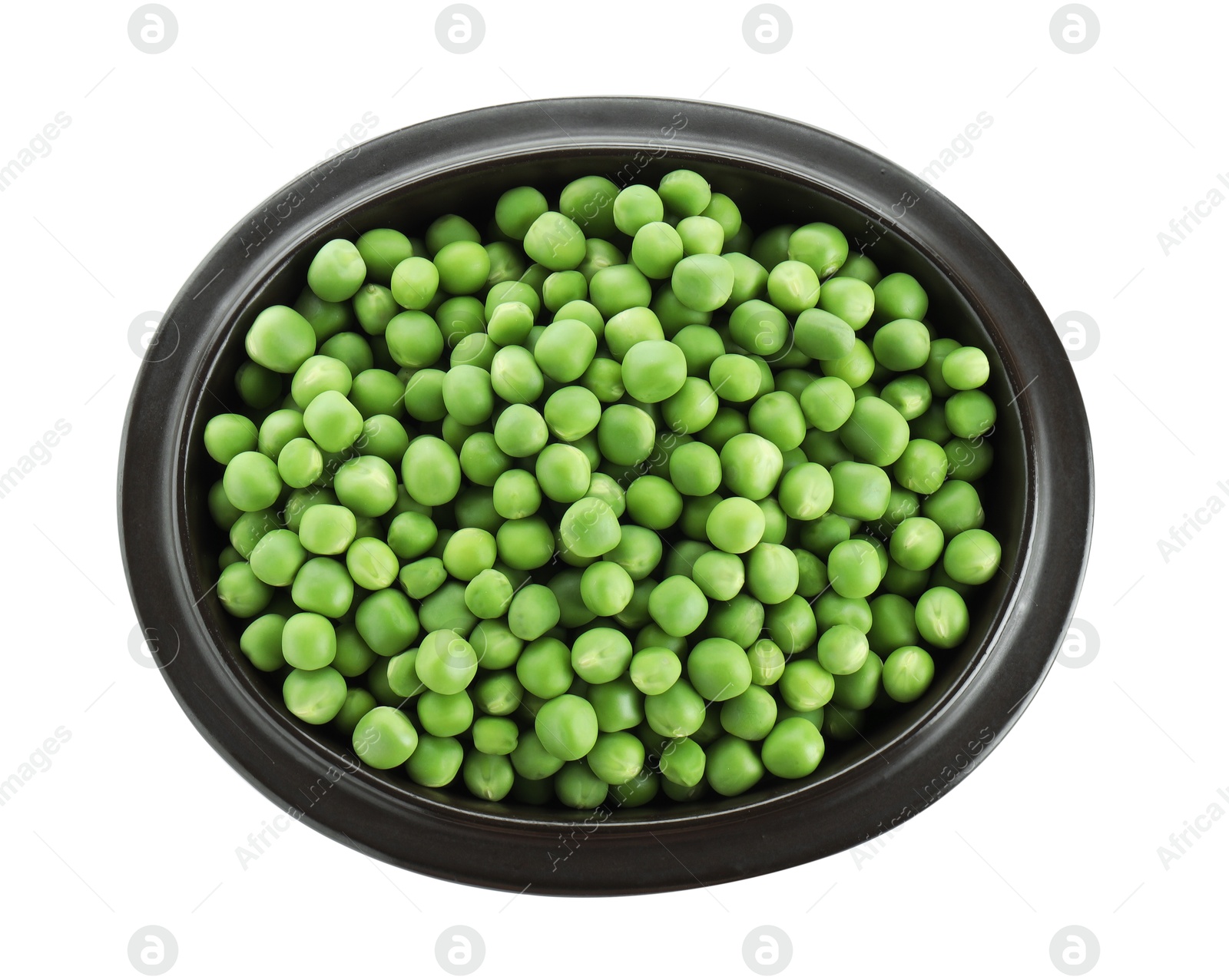 Photo of Fresh green peas in bowl isolated on white, top view