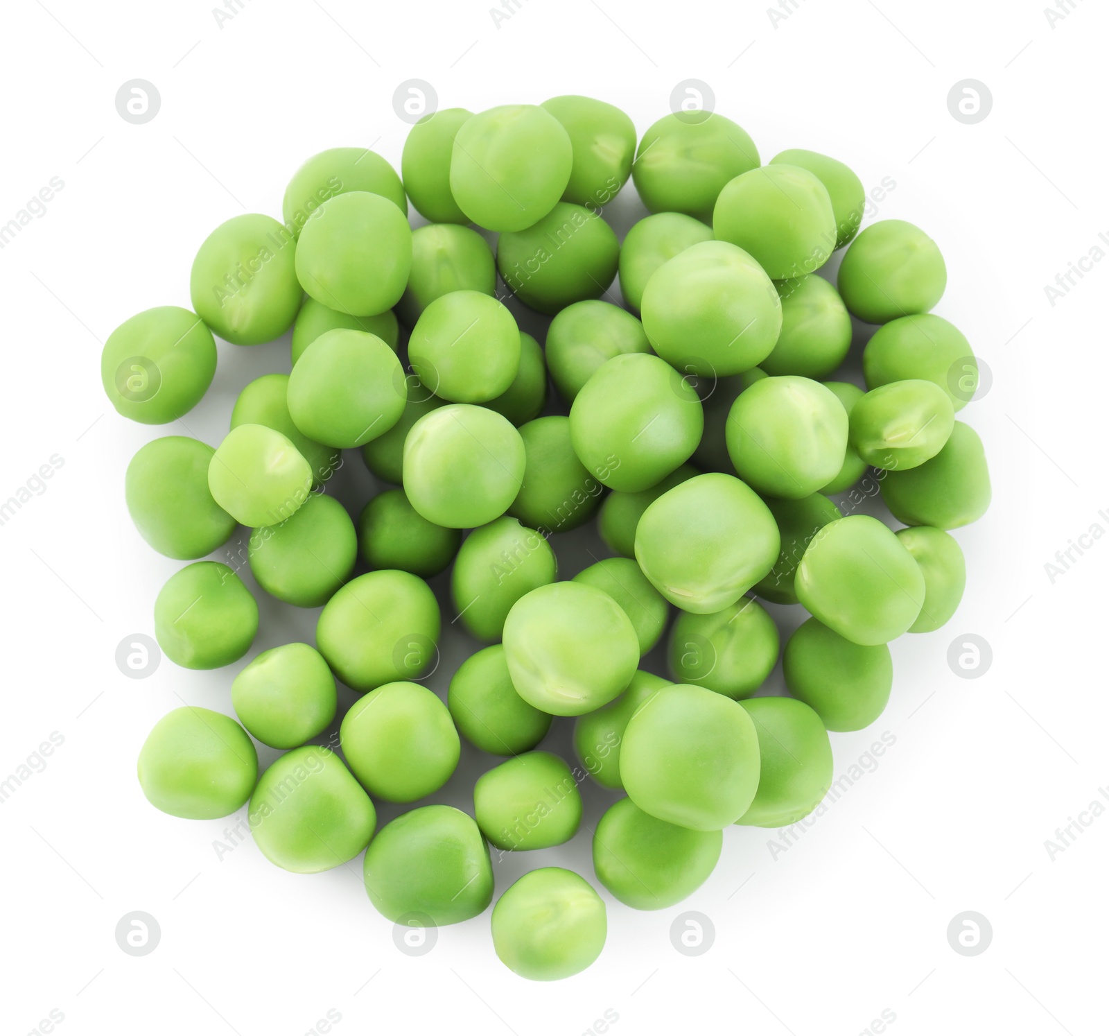 Photo of Pile of fresh green peas isolated on white, top view