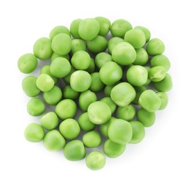 Photo of Pile of fresh green peas isolated on white, top view