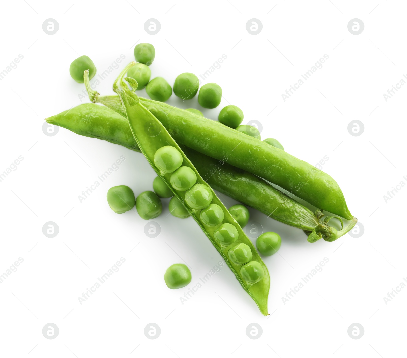 Photo of Green fresh peas and pods isolated on white, top view