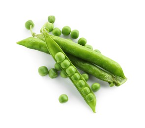 Photo of Green fresh peas and pods isolated on white, top view