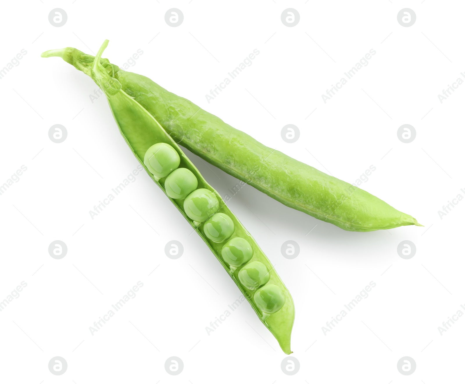 Photo of Green fresh peas and pods isolated on white, top view