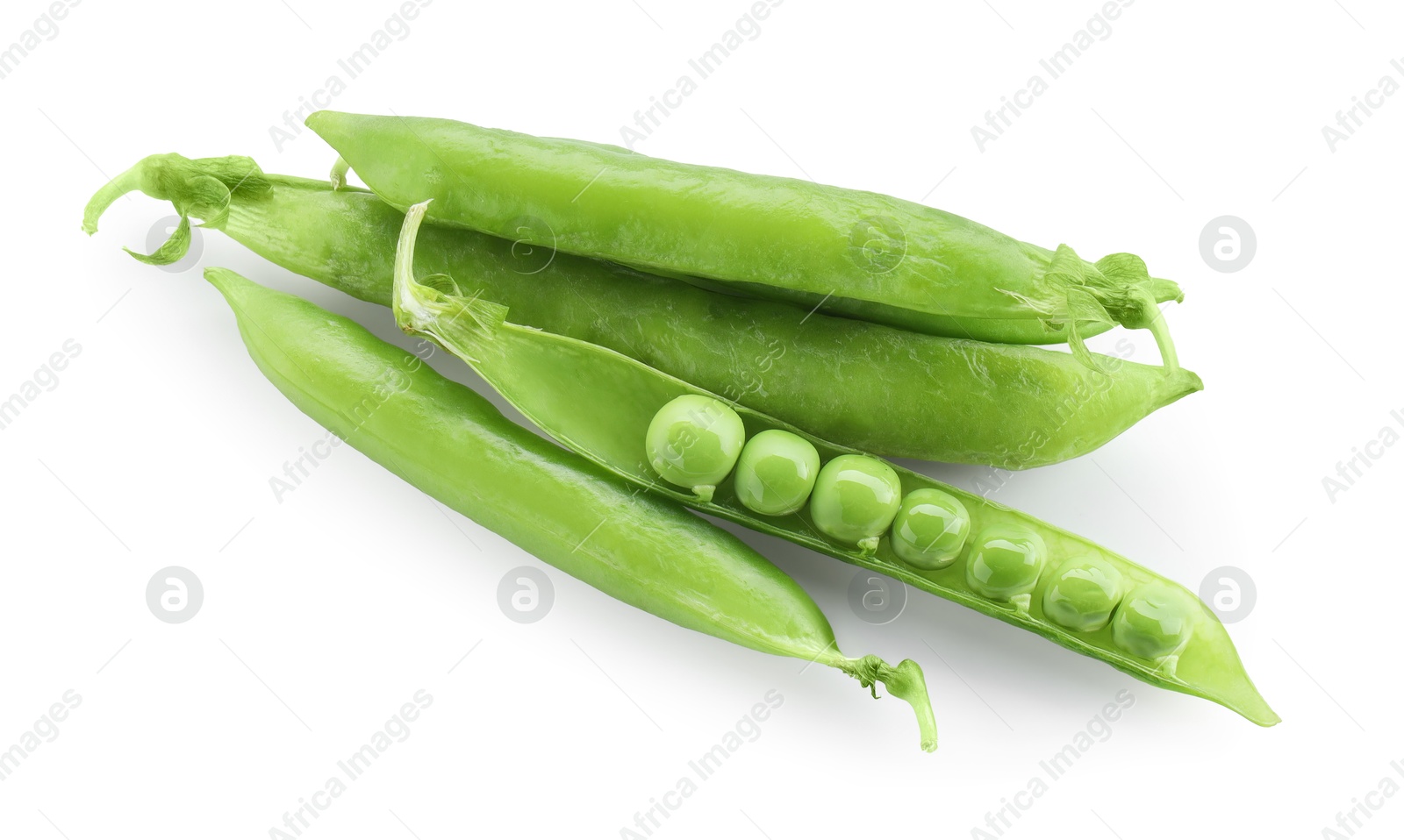 Photo of Green fresh peas and pods isolated on white, top view