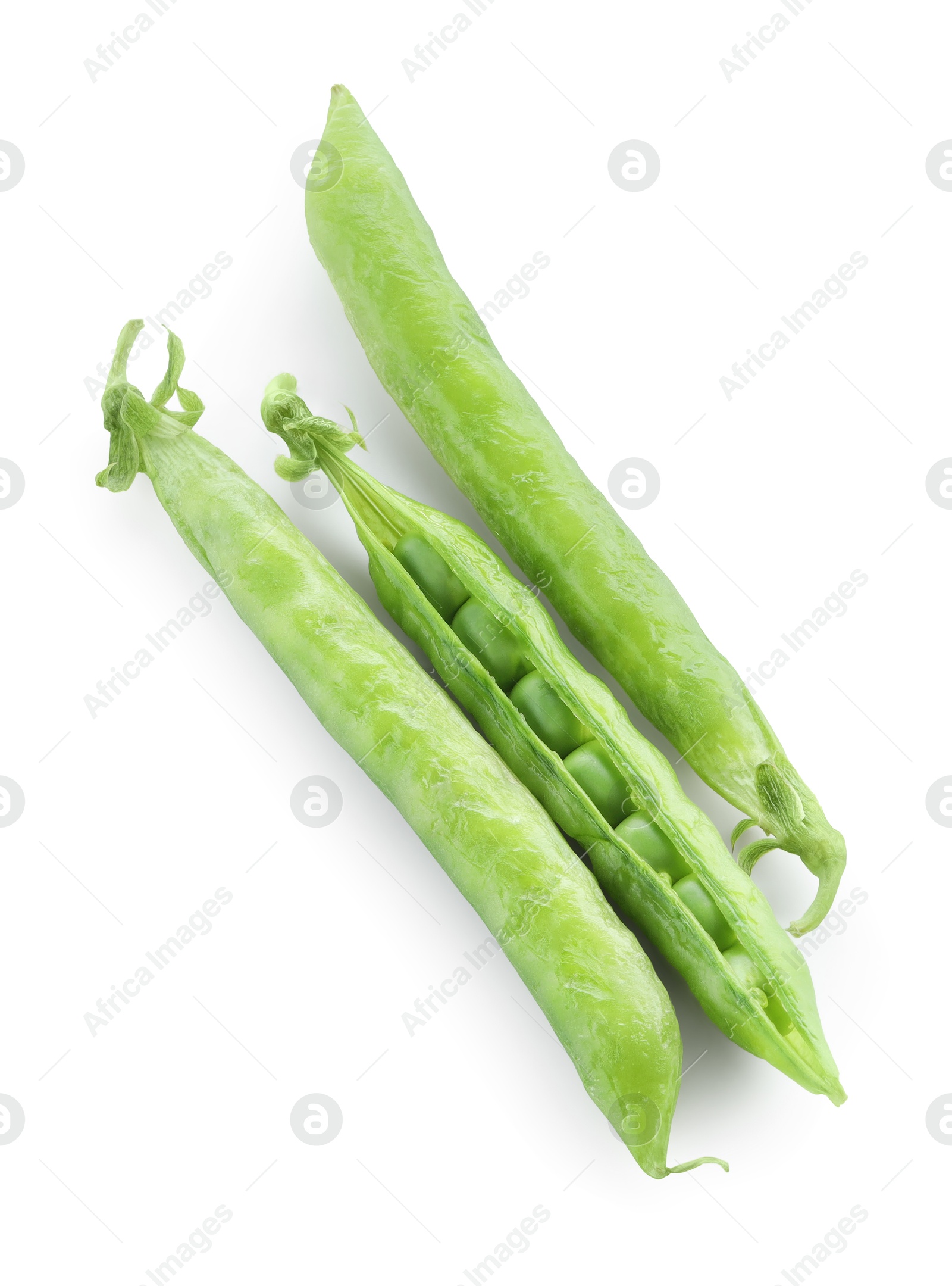 Photo of Green fresh peas and pods isolated on white, top view