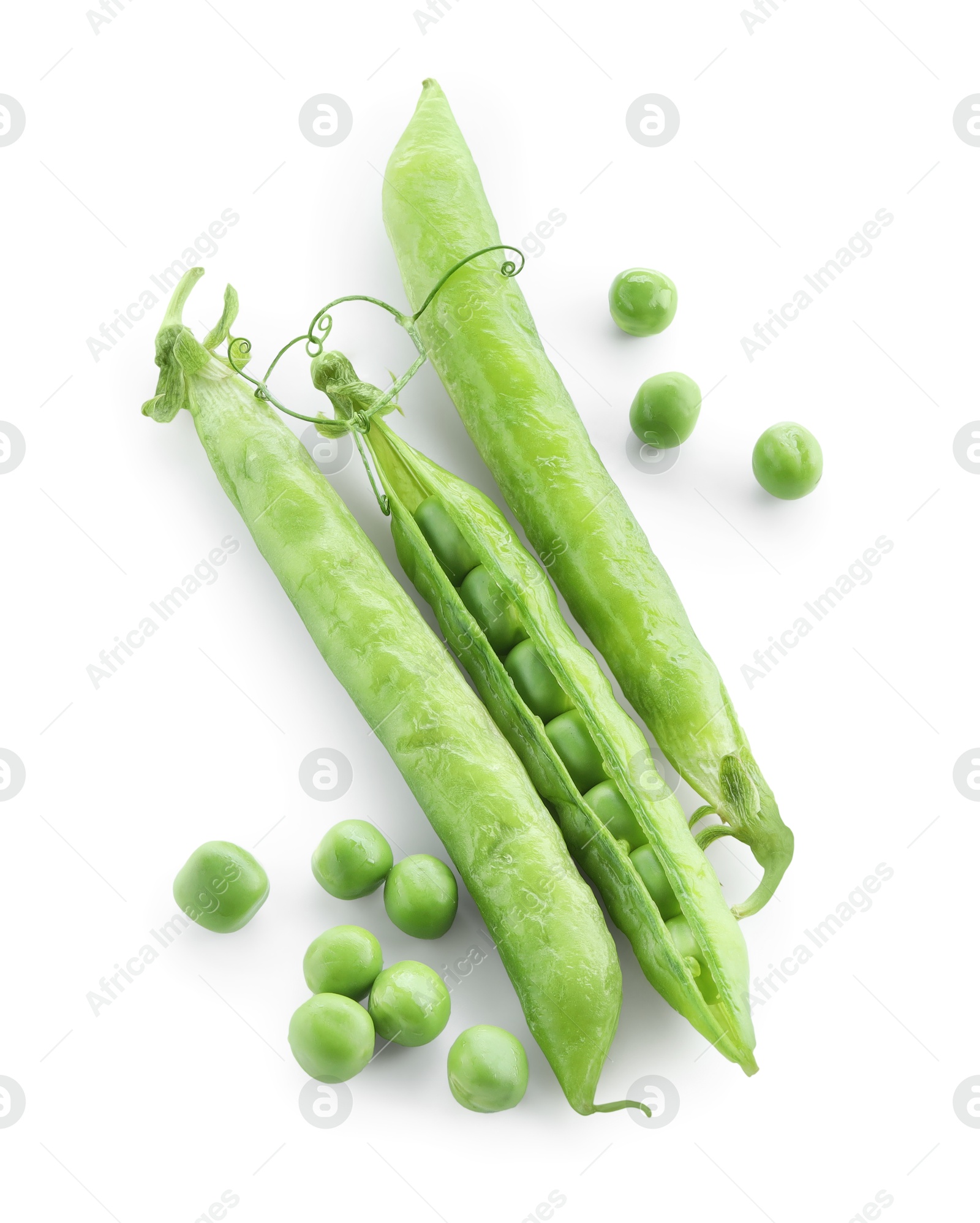 Photo of Green fresh peas and pods isolated on white, top view