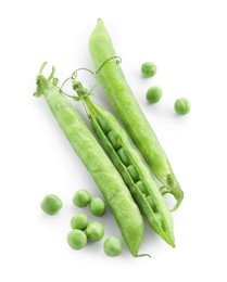 Photo of Green fresh peas and pods isolated on white, top view