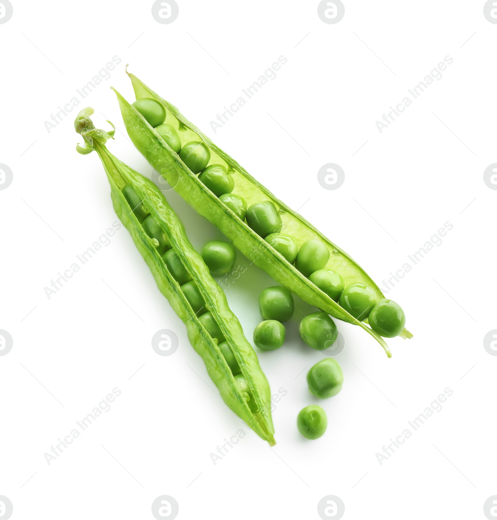 Photo of Green fresh peas and pods isolated on white, top view