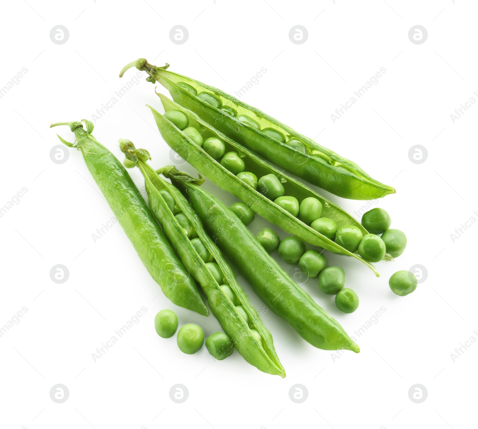 Photo of Green fresh peas and pods isolated on white, top view