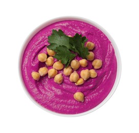 Photo of Tasty beetroot hummus, parsley and chickpeas in bowl isolated on white, top view