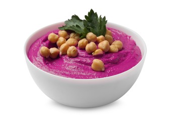 Photo of Tasty beetroot hummus, parsley and chickpeas in bowl isolated on white