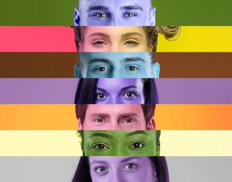 Men and women, closeup. Collage with color toned photos of eyes