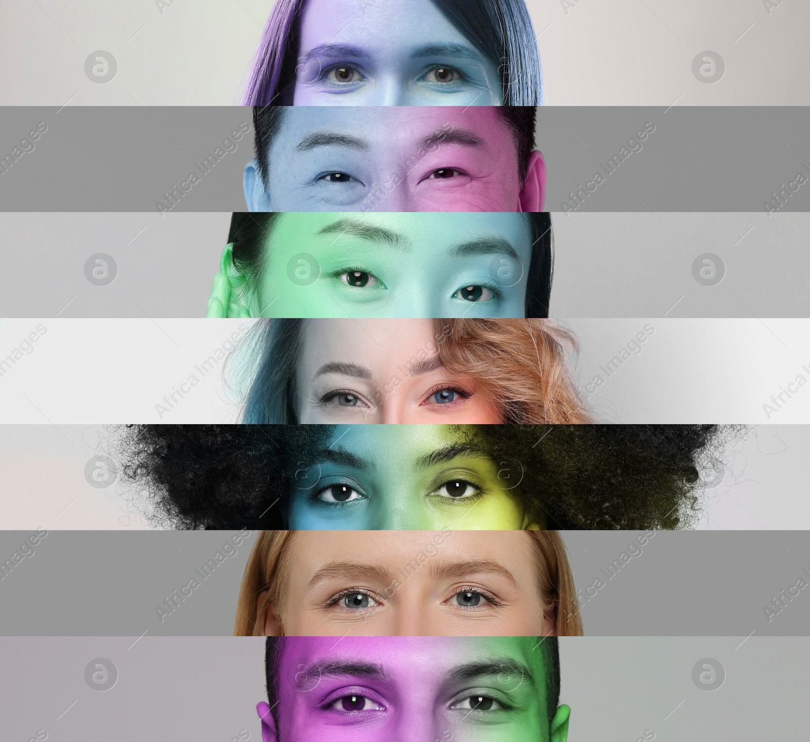 Image of Men and women, closeup. Collage with color toned photos of eyes