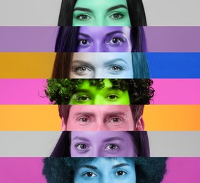 Image of Men and women, closeup. Collage with color toned photos of eyes