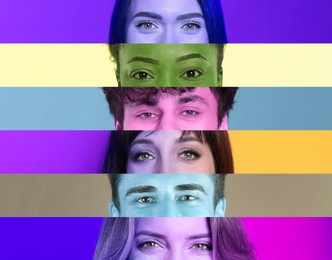 Image of Men and women, closeup. Collage with color toned photos of eyes