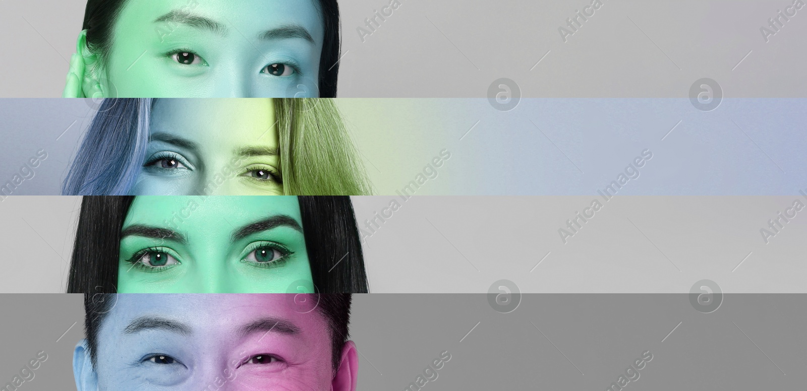 Image of Man and women, closeup. Collage with color toned photos of eyes, banner design