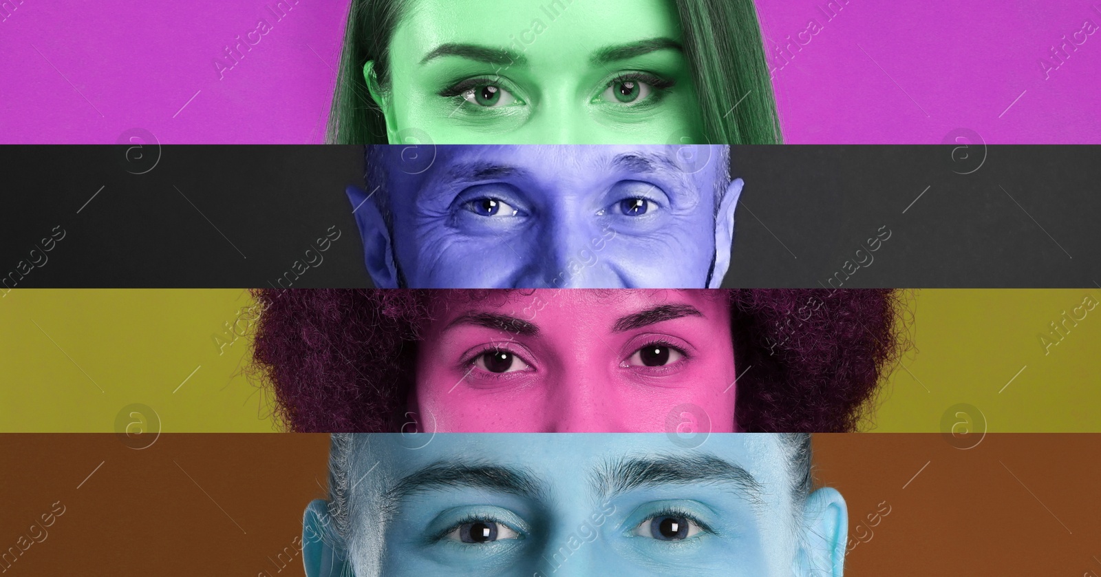 Image of Men and women, closeup. Collage with color toned photos of eyes, banner design