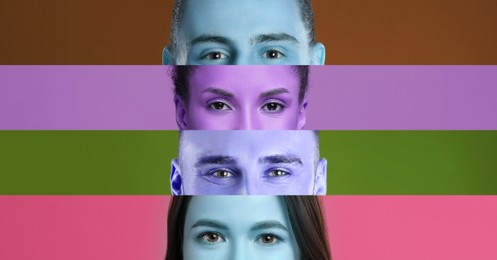 Image of Men and women, closeup. Collage with color toned photos of eyes, banner design
