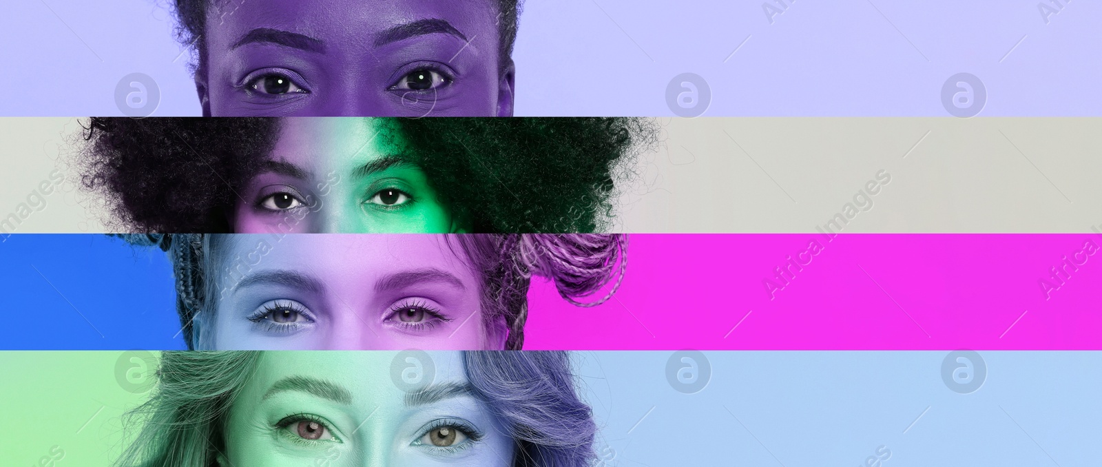 Image of Collage with color toned photos of women, closeup view of eyes, banner design