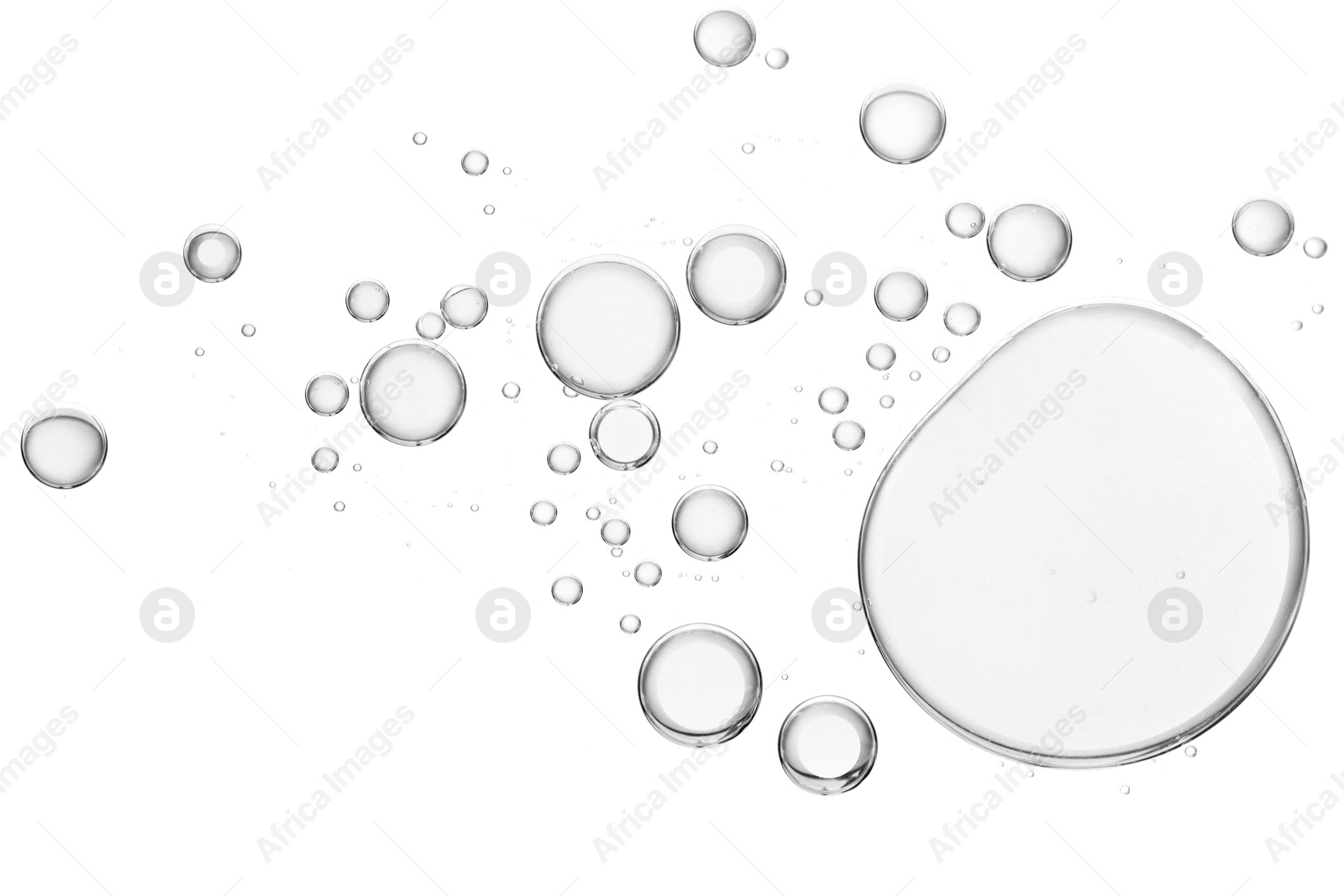 Image of Clear cosmetic oil on white background, top view