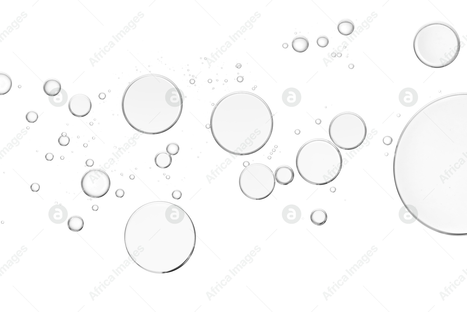 Image of Clear cosmetic oil on white background, top view