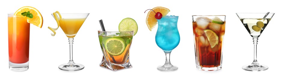 Image of Many different cocktails in glasses isolated on white, collection