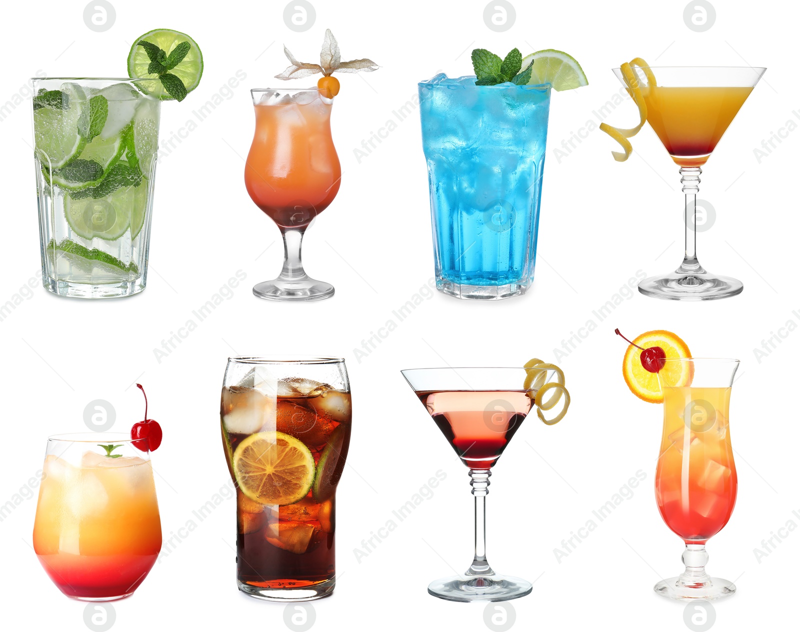 Image of Many different cocktails in glasses isolated on white, collection