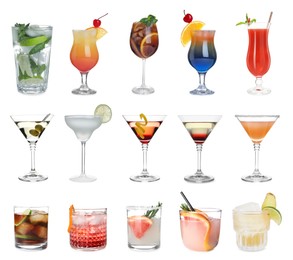 Image of Many different cocktails in glasses isolated on white, collection