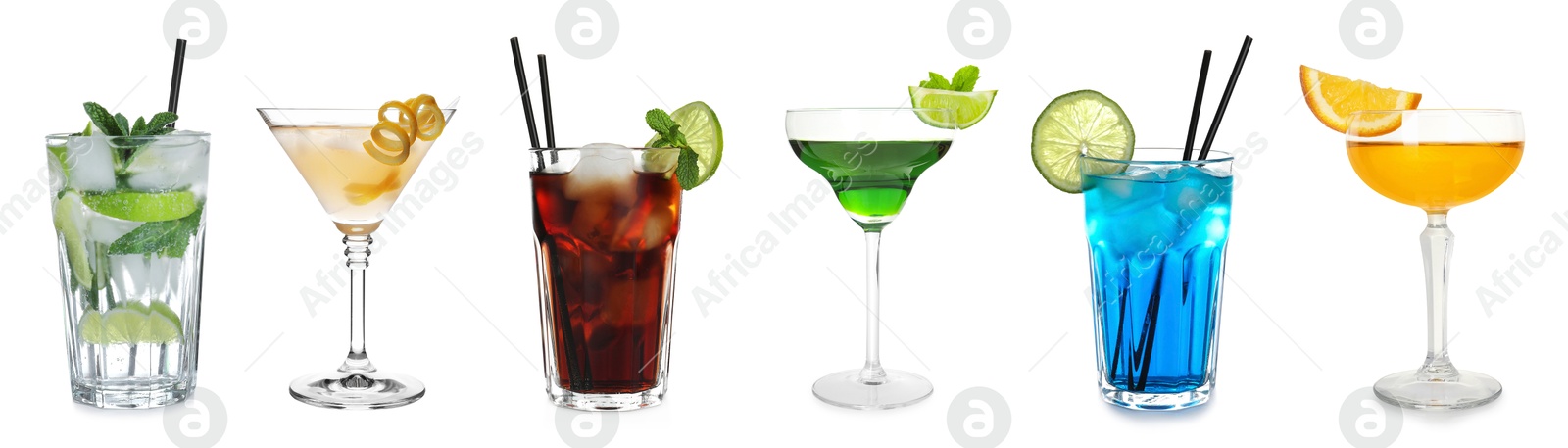 Image of Many different cocktails in glasses isolated on white, collection