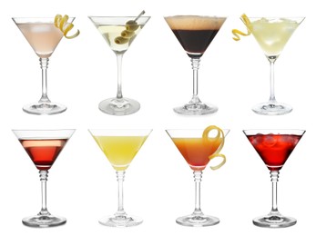 Image of Many different cocktails in glasses isolated on white, collection