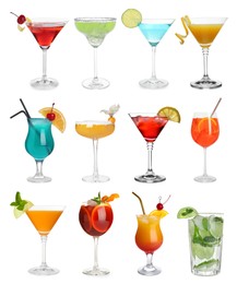 Image of Many different cocktails in glasses isolated on white, collection