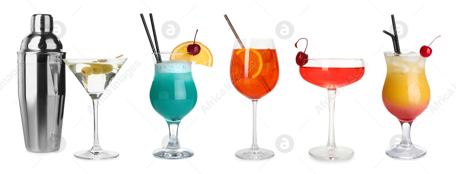 Image of Many different cocktails in glasses isolated on white, collection