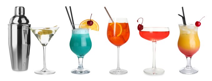 Image of Many different cocktails in glasses isolated on white, collection