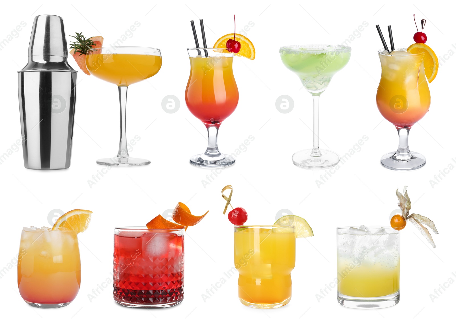 Image of Many different cocktails in glasses isolated on white, collection