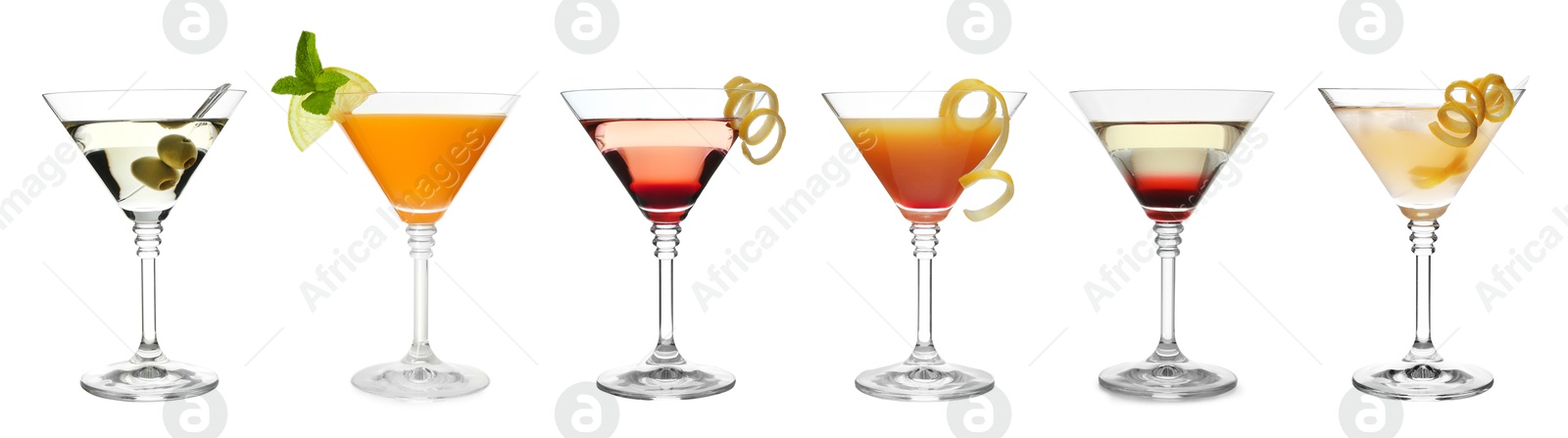 Image of Many different cocktails in martini glasses isolated on white, collection