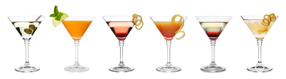 Image of Many different cocktails in martini glasses isolated on white, collection