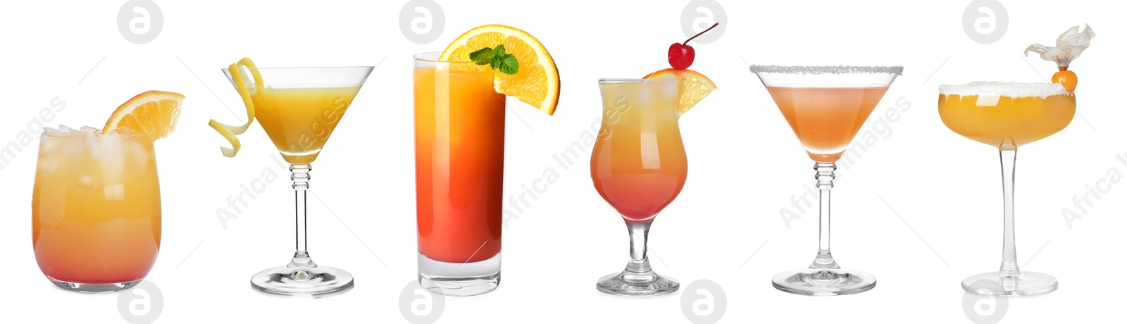 Image of Many different cocktails in glasses isolated on white, collection