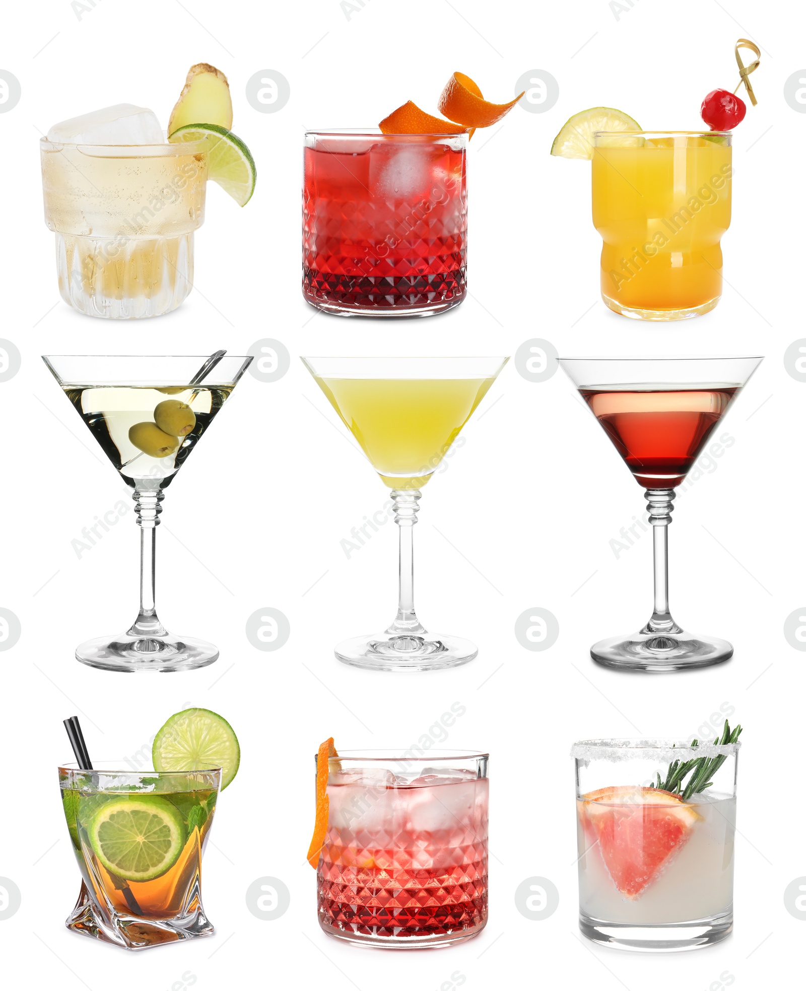 Image of Many different cocktails in glasses isolated on white, collection