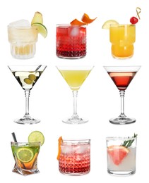 Image of Many different cocktails in glasses isolated on white, collection