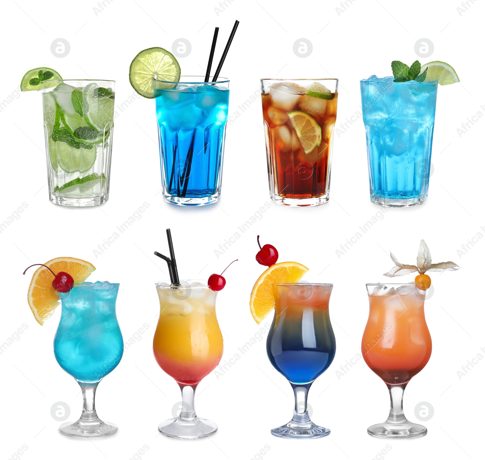 Image of Many different cocktails in glasses isolated on white, collection