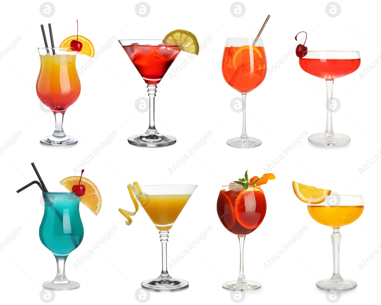 Image of Many different cocktails in glasses isolated on white, collection