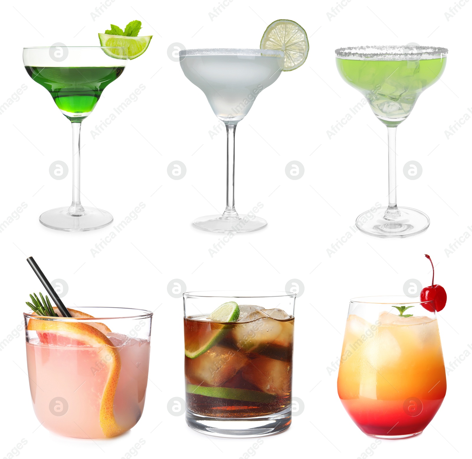 Image of Many different cocktails in glasses isolated on white, collection