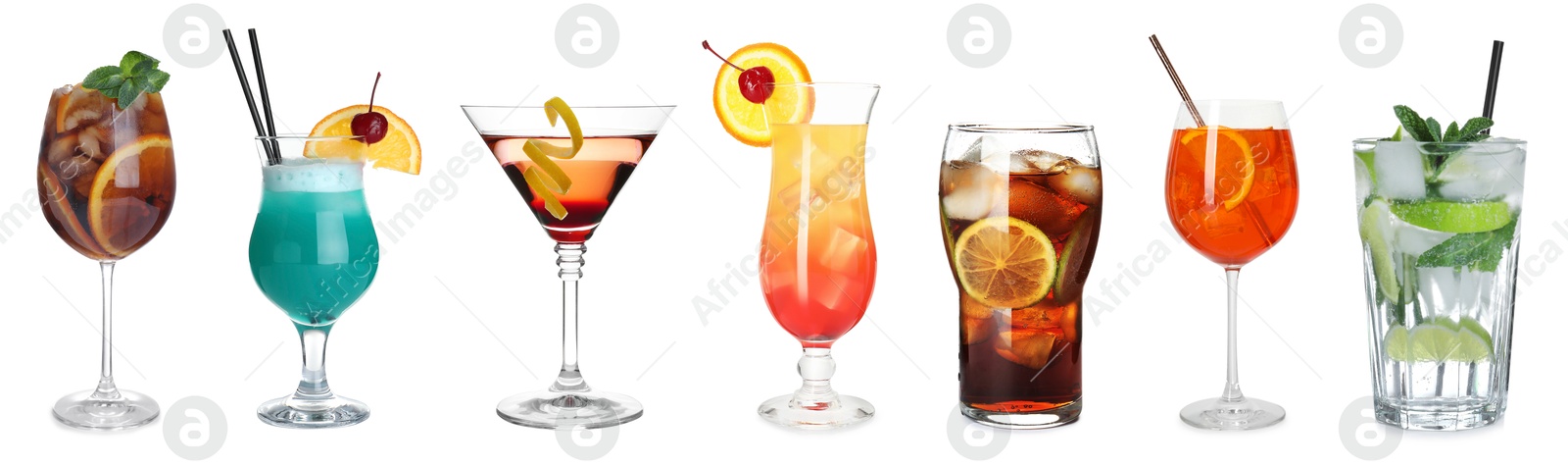 Image of Many different cocktails in glasses isolated on white, collection