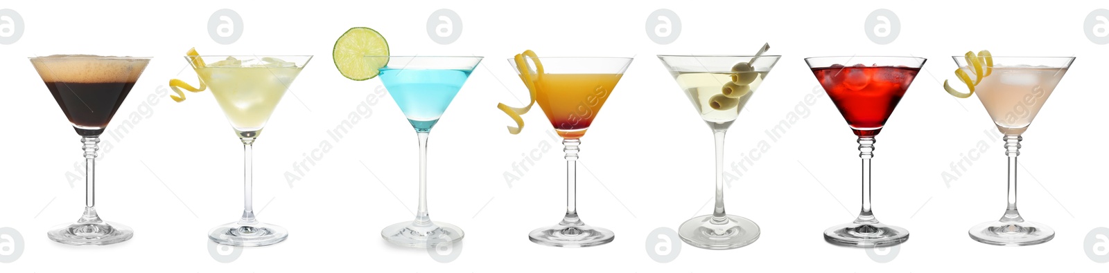 Image of Many different cocktails in martini glasses isolated on white, collection