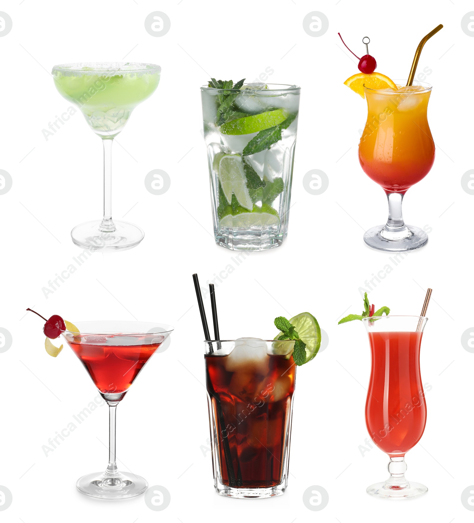 Image of Many different cocktails in glasses isolated on white, collection