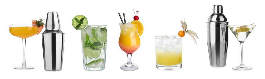 Image of Many different cocktails in glasses isolated on white, collection