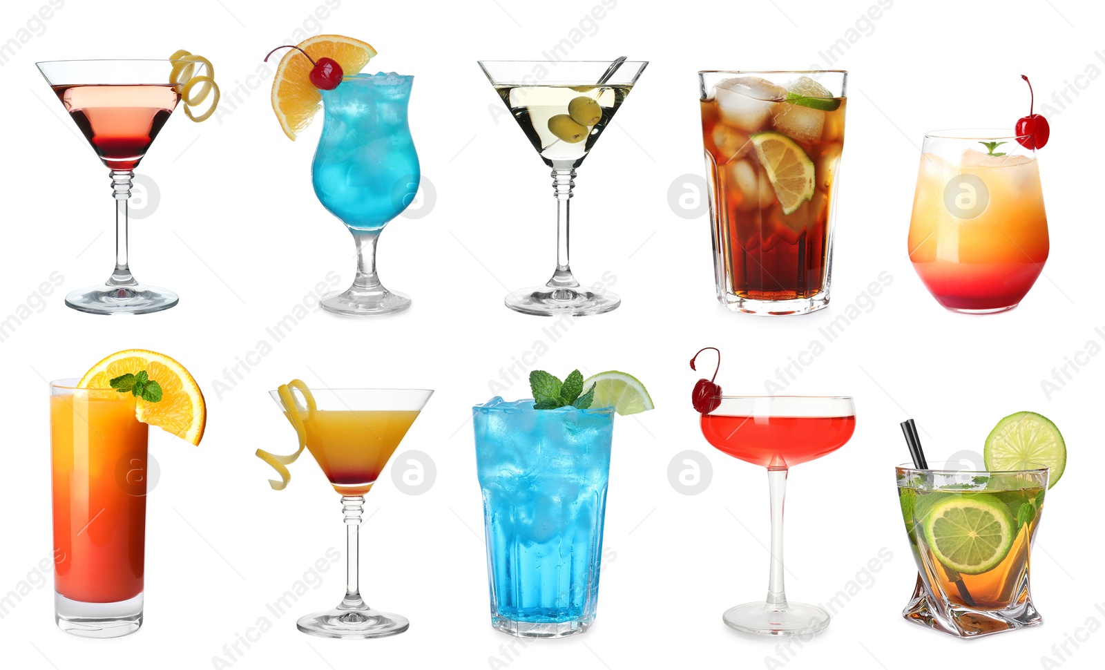 Image of Many different cocktails in glasses isolated on white, collection