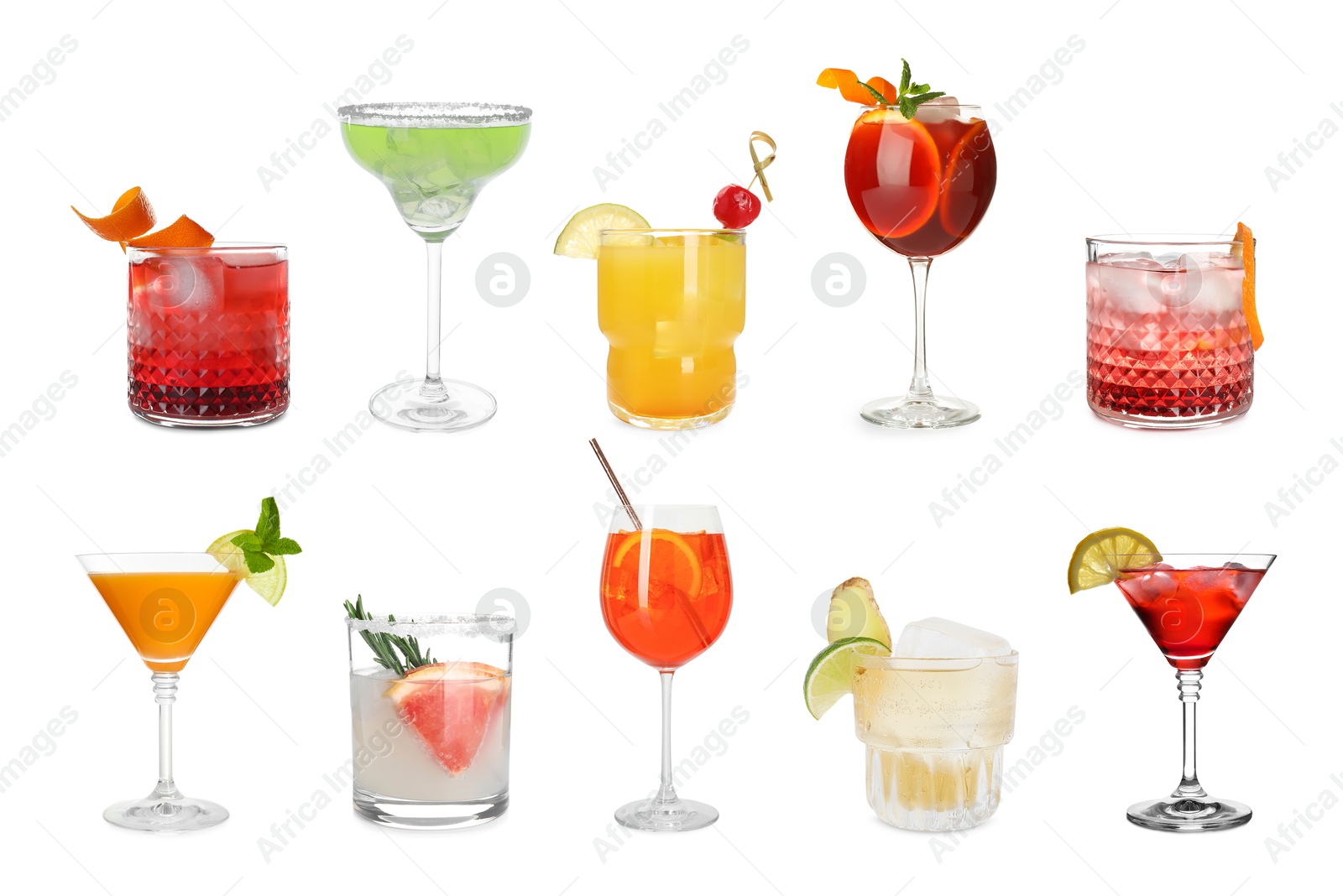 Image of Many different cocktails in glasses isolated on white, collection