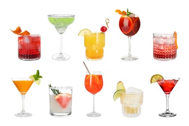 Image of Many different cocktails in glasses isolated on white, collection